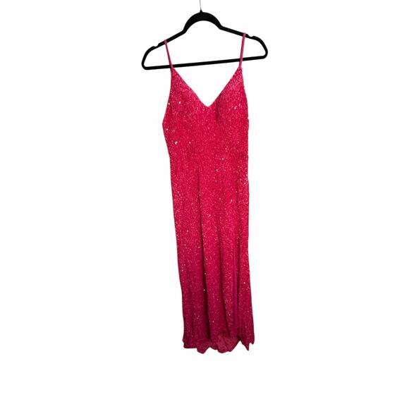 Hot Pink Sequin Formal Gown Size 12 Lace Up Back Maxi Dress Prom Evening Wedding - Picture 10 of 16